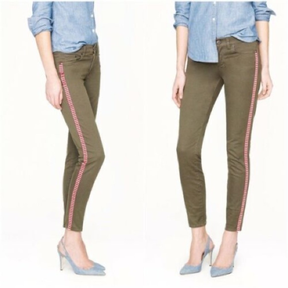 J. Crew | Toothpick Ankle Army Green Jeans with Side Stripe size 27